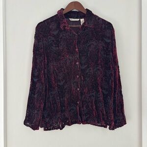 French Laundry Burnout Velvet Paisley Blouse XL Burgundy Black Sheer Whimsigoth